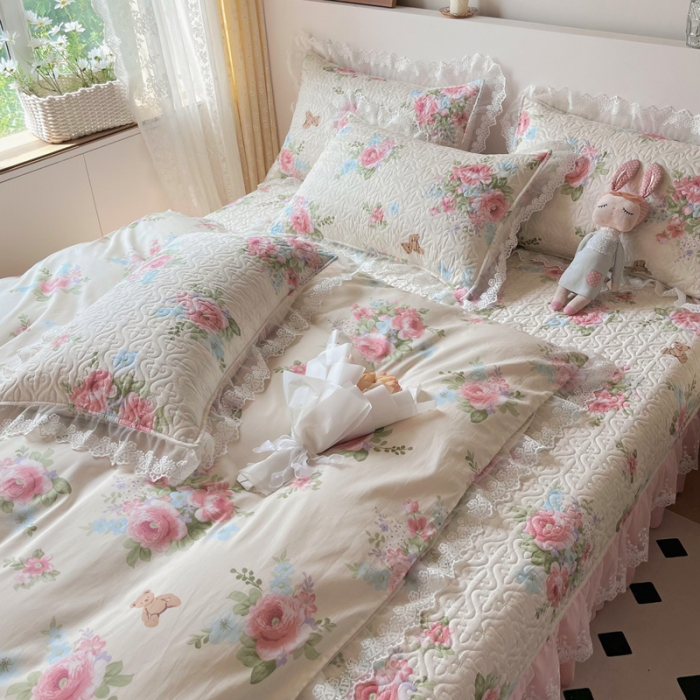 91家纺网 家纺一手货源 找家纺 添越2024小清新韩版蕾丝款花边纯棉夹棉床盖三件套全棉佳人有约蕾丝款