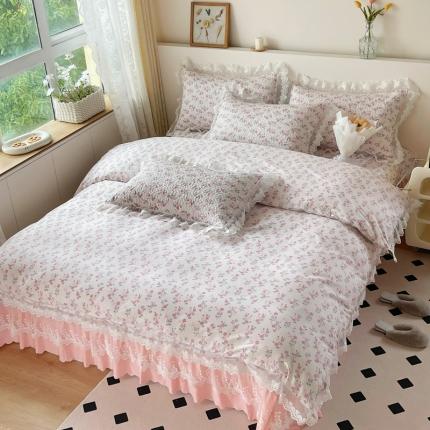 91家纺网 家纺一手货源 找家纺 添越2024小清新韩版蕾丝款花边纯棉夹棉床盖三件套全棉恋恋花梦蕾丝款