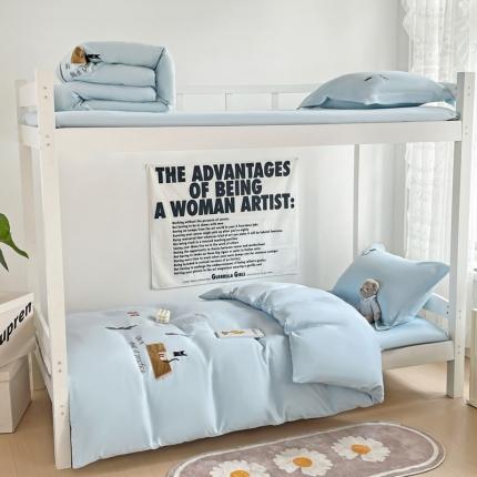 娜娜 2023新款水洗棉刺绣素色学生三件套 多多猫-天空蓝