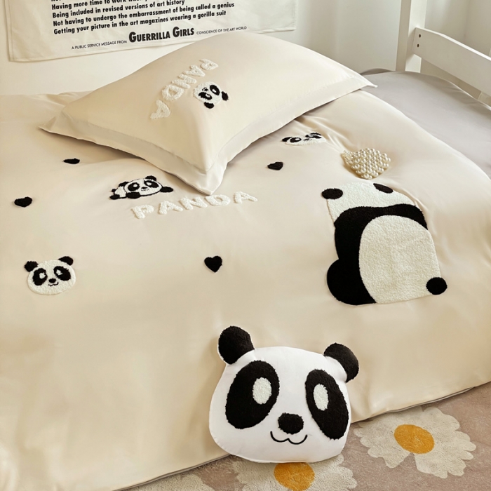 91家纺网 家纺一手货源 找家纺 娜娜 2023新款水洗棉刺绣素色学生三件套 熊猫嘟嘟-白灰