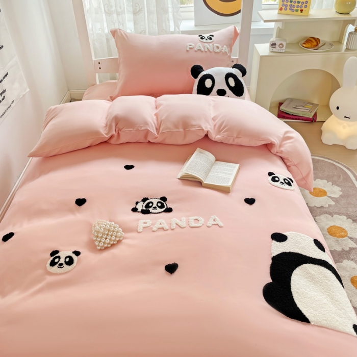 91家纺网 家纺一手货源 找家纺 娜娜 2023新款水洗棉刺绣素色学生三件套 熊猫嘟嘟-粉