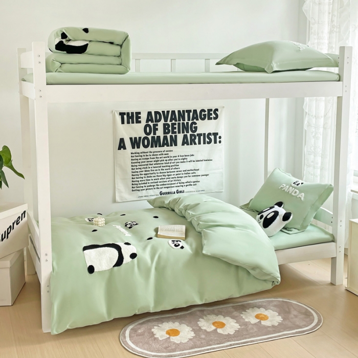 91家纺网 家纺一手货源 找家纺 娜娜 2023新款水洗棉刺绣素色学生三件套 熊猫嘟嘟-绿