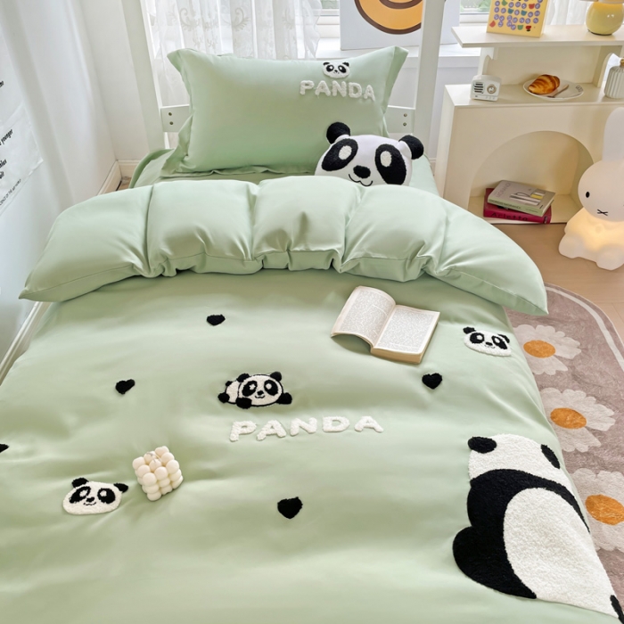 91家纺网 家纺一手货源 找家纺 娜娜 2023新款水洗棉刺绣素色学生三件套 熊猫嘟嘟-绿