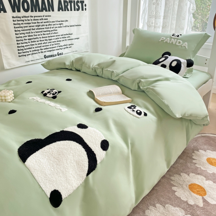 91家纺网 家纺一手货源 找家纺 娜娜 2023新款水洗棉刺绣素色学生三件套 熊猫嘟嘟-绿