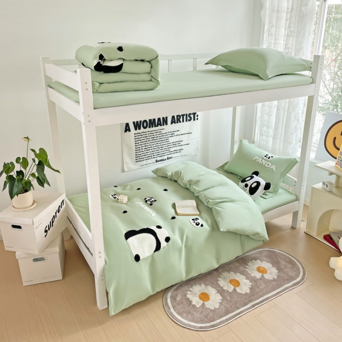 91家纺网 家纺一手货源 找家纺 娜娜 2023新款水洗棉刺绣素色学生三件套 熊猫嘟嘟-绿