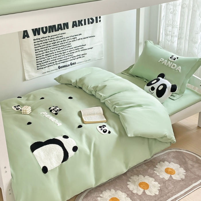 91家纺网 家纺一手货源 找家纺 娜娜 2023新款水洗棉刺绣素色学生三件套 熊猫嘟嘟-绿