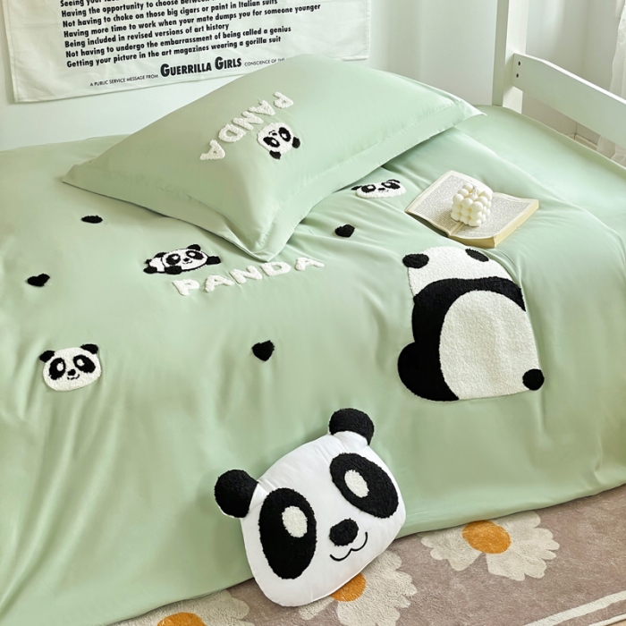 91家纺网 家纺一手货源 找家纺 娜娜 2023新款水洗棉刺绣素色学生三件套 熊猫嘟嘟-绿