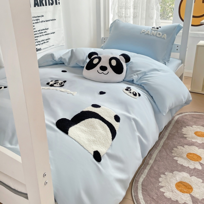 91家纺网 家纺一手货源 找家纺 娜娜 2023新款水洗棉刺绣素色学生三件套 熊猫嘟嘟-天空蓝