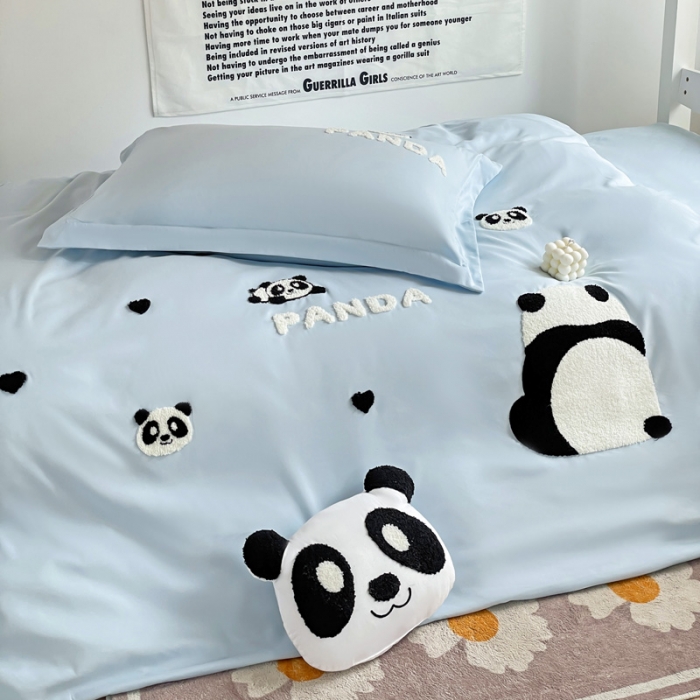 91家纺网 家纺一手货源 找家纺 娜娜 2023新款水洗棉刺绣素色学生三件套 熊猫嘟嘟-天空蓝