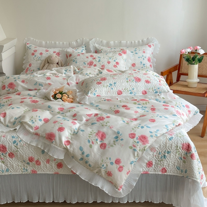 91家纺网 家纺一手货源 找家纺 添越 2024小清新韩版蕾丝花边纯棉夹棉床盖三件套全棉初夏花蕊