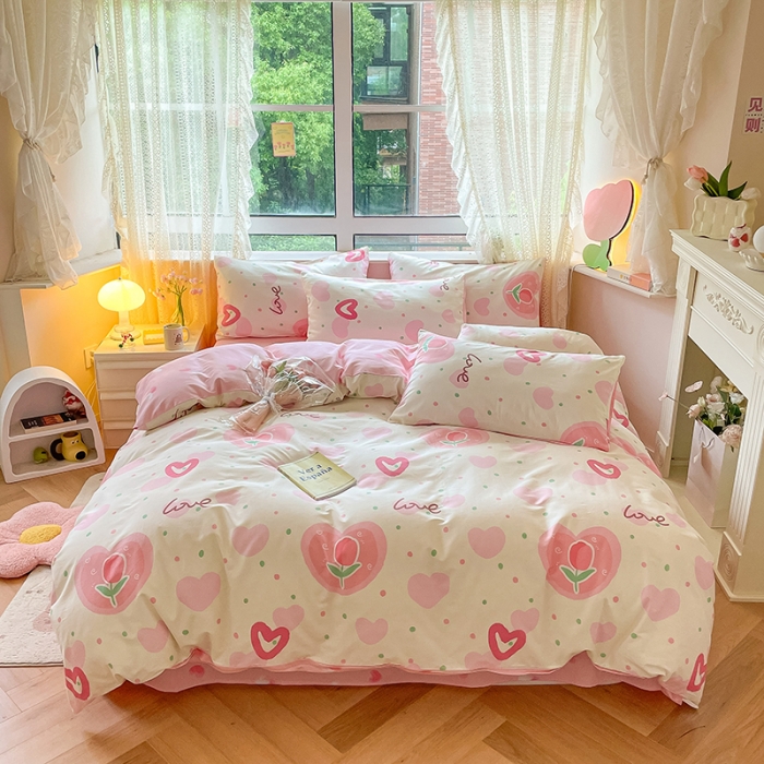 91家纺网 家纺一手货源 找家纺 麦伦家居 2023新款全棉斜纹卡通小清新系列四件套-第四波 爱心郁金香