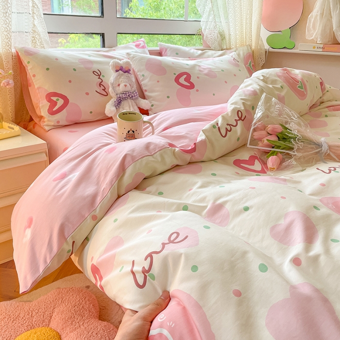 91家纺网 家纺一手货源 找家纺 麦伦家居 2023新款全棉斜纹卡通小清新系列四件套-第四波 爱心郁金香