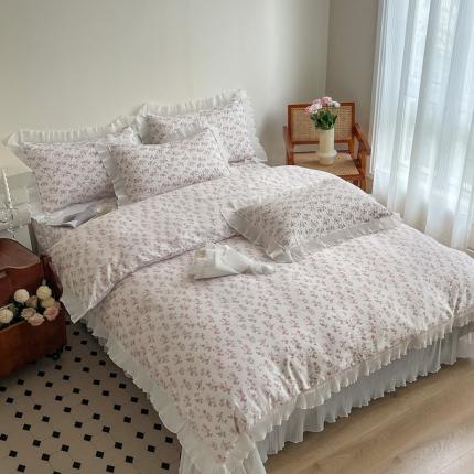 91家纺网 家纺一手货源 找家纺 添越 2024小清新韩版蕾丝花边纯棉夹棉床盖三件套全棉恋恋花梦