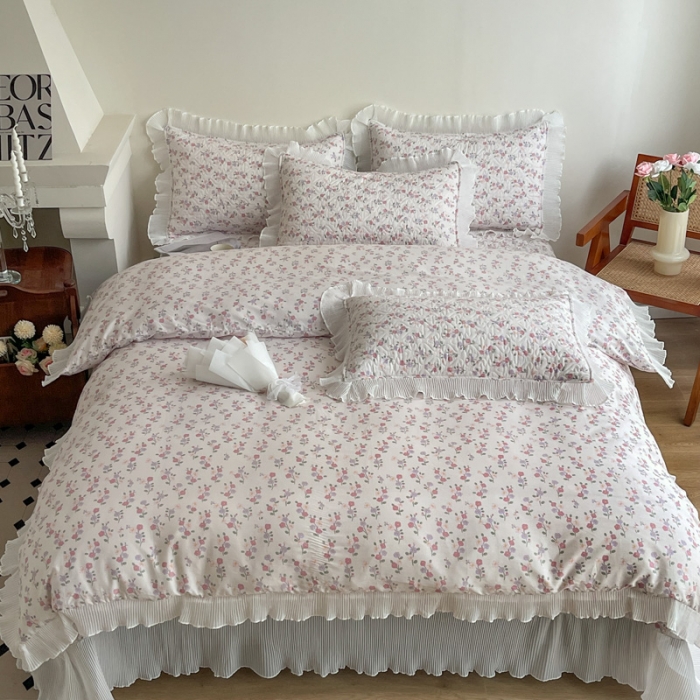 91家纺网 家纺一手货源 找家纺 添越 2024小清新韩版蕾丝花边纯棉夹棉床盖三件套全棉恋恋花梦