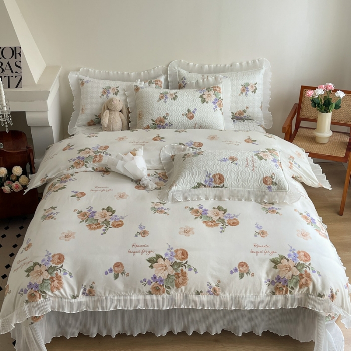 91家纺网 家纺一手货源 找家纺 添越 2024小清新韩版蕾丝花边纯棉夹棉床盖三件套全棉南国佳人