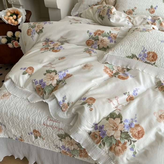 91家纺网 家纺一手货源 找家纺 添越 2024小清新韩版蕾丝花边纯棉夹棉床盖三件套全棉南国佳人