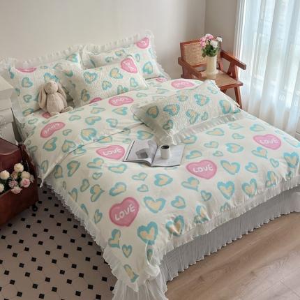 91家纺网 家纺一手货源 找家纺 添越 2024小清新韩版蕾丝花边纯棉夹棉床盖三件套全棉天使之心