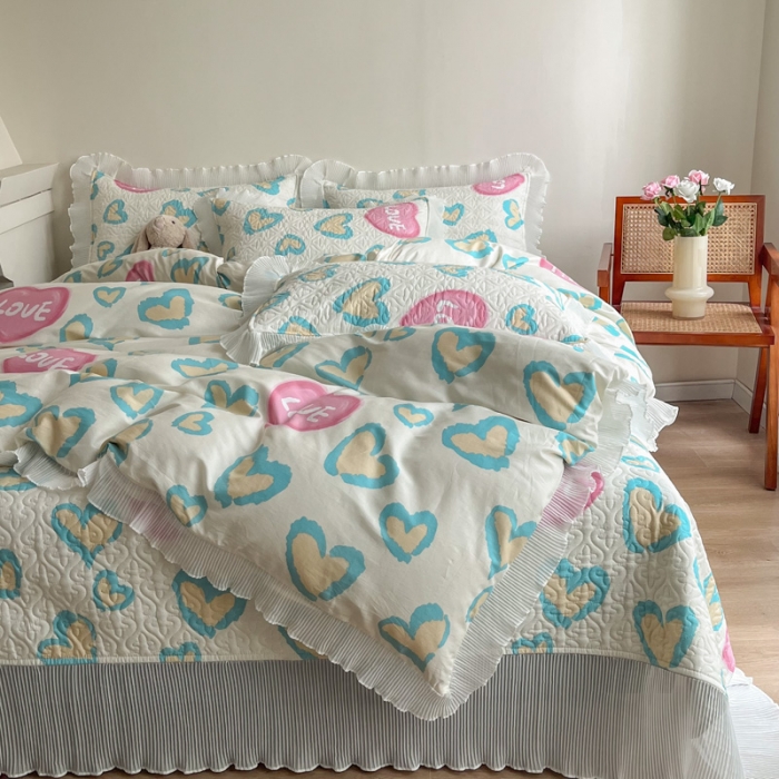 91家纺网 家纺一手货源 找家纺 添越 2024小清新韩版蕾丝花边纯棉夹棉床盖三件套全棉天使之心