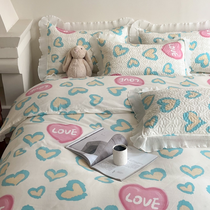 91家纺网 家纺一手货源 找家纺 添越 2024小清新韩版蕾丝花边纯棉夹棉床盖三件套全棉天使之心