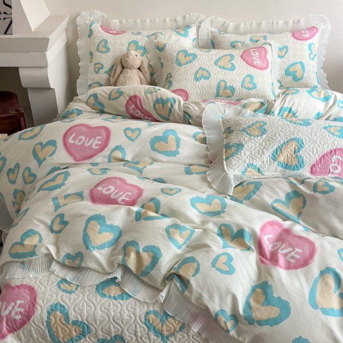 91家纺网 家纺一手货源 找家纺 添越 2024小清新韩版蕾丝花边纯棉夹棉床盖三件套全棉天使之心