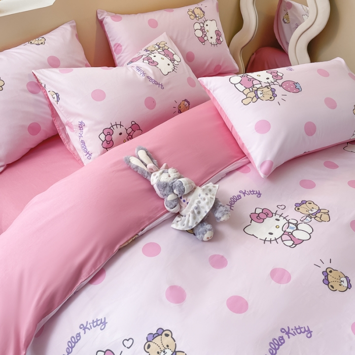 91家纺网 家纺一手货源 找家纺 博雅家纺 2023新款三丽鸥卡通全棉四件套 草莓Kitty
