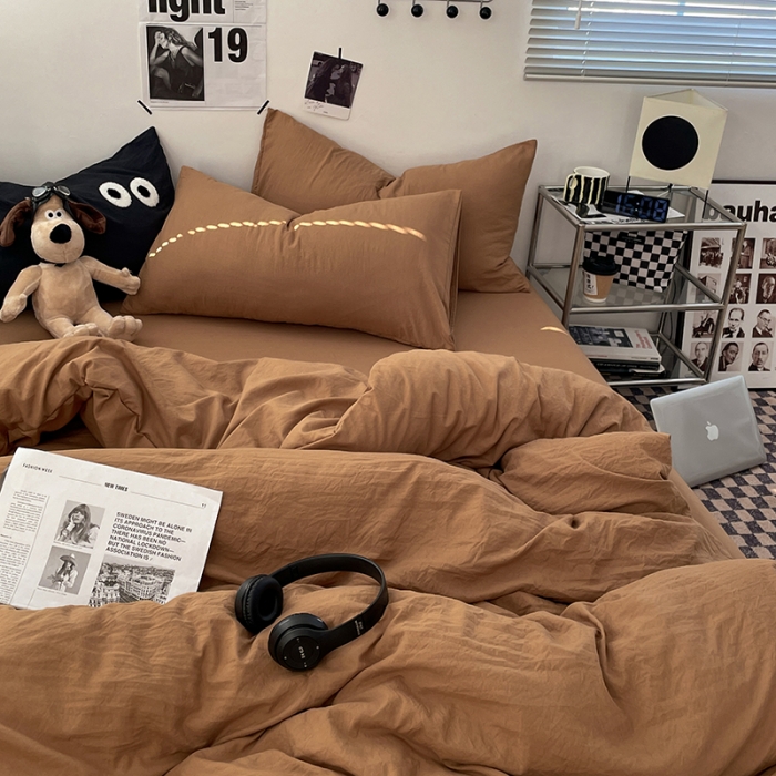 91家纺网 家纺一手货源 找家纺 贝拉梦 2023新款ins风超柔亲肤磨毛褶皱水洗棉四件套 ins咖啡