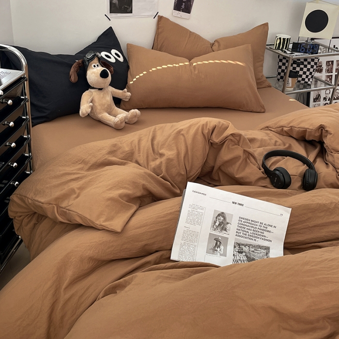 91家纺网 家纺一手货源 找家纺 贝拉梦 2023新款ins风超柔亲肤磨毛褶皱水洗棉四件套 ins咖啡