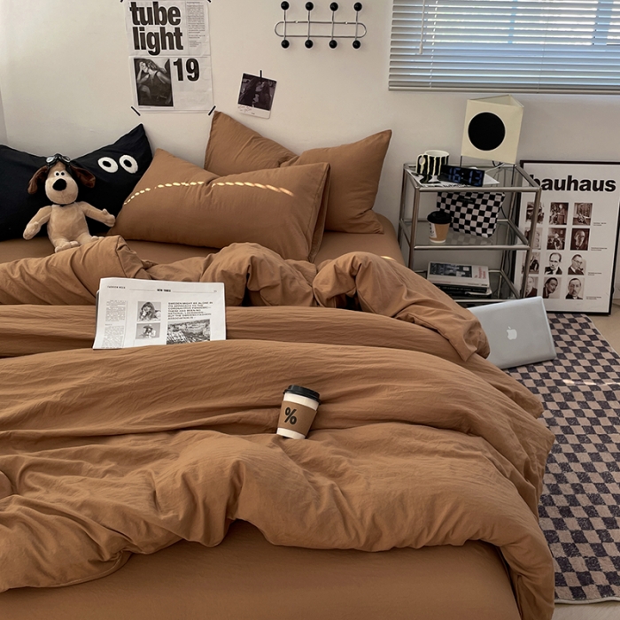 91家纺网 家纺一手货源 找家纺 贝拉梦 2023新款ins风超柔亲肤磨毛褶皱水洗棉四件套 ins咖啡