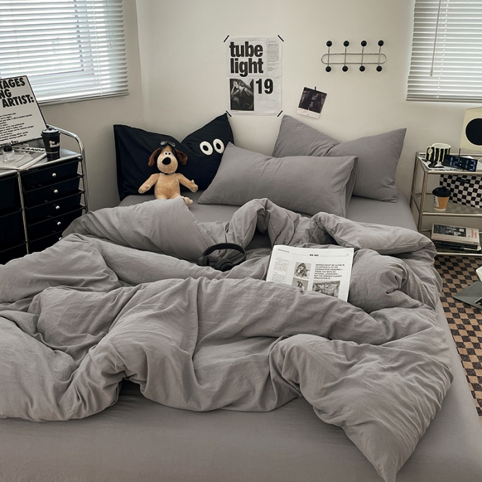 91家纺网 家纺一手货源 找家纺 贝拉梦 2023新款ins风超柔亲肤磨毛褶皱水洗棉四件套 ins米灰