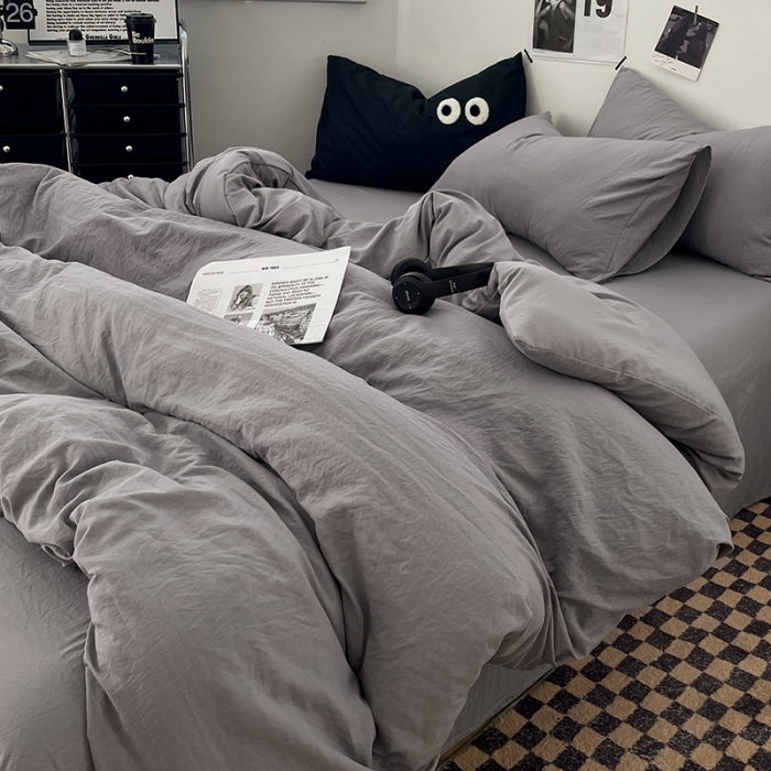 91家纺网 家纺一手货源 找家纺 贝拉梦 2023新款ins风超柔亲肤磨毛褶皱水洗棉四件套 ins米灰