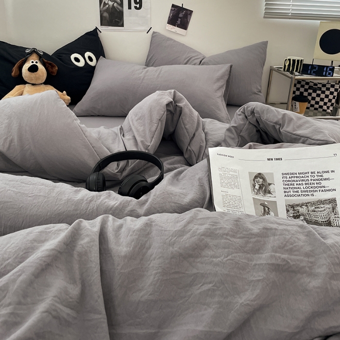 91家纺网 家纺一手货源 找家纺 贝拉梦 2023新款ins风超柔亲肤磨毛褶皱水洗棉四件套 ins米灰