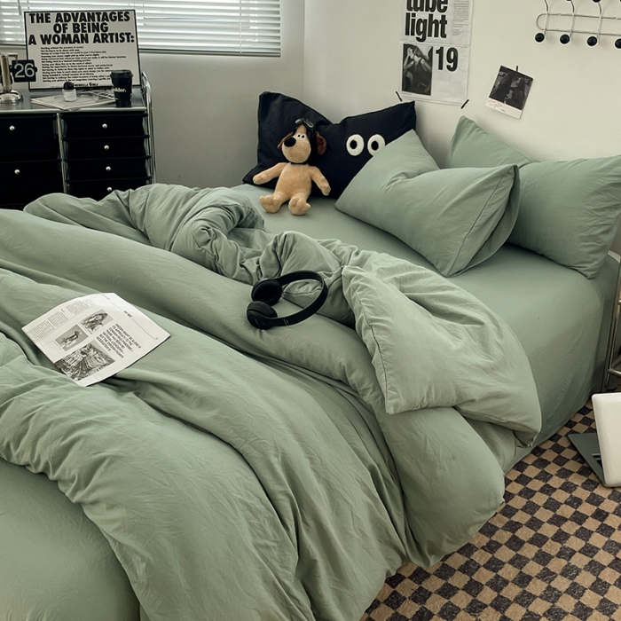 91家纺网 家纺一手货源 找家纺 贝拉梦 2023新款ins风超柔亲肤磨毛褶皱水洗棉四件套 ins暮竹