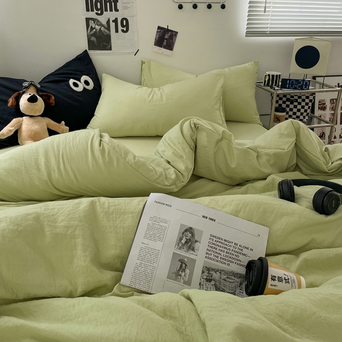 91家纺网 家纺一手货源 找家纺 贝拉梦 2023新款ins风超柔亲肤磨毛褶皱水洗棉四件套 ins奶绿