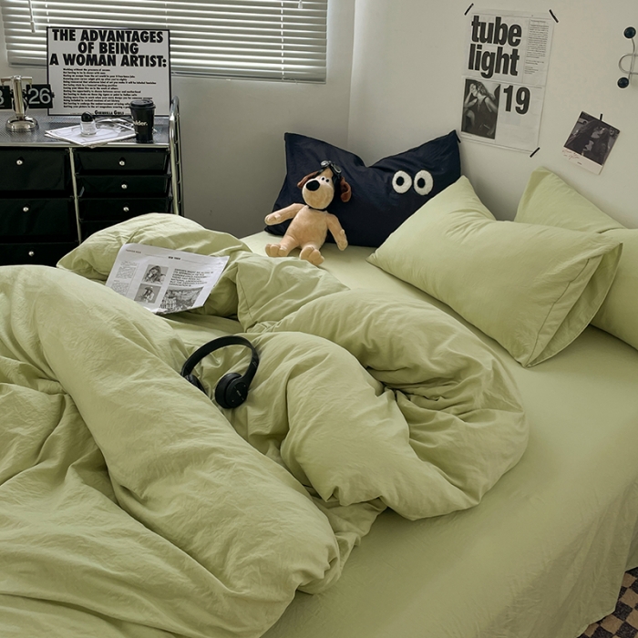 91家纺网 家纺一手货源 找家纺 贝拉梦 2023新款ins风超柔亲肤磨毛褶皱水洗棉四件套 ins奶绿