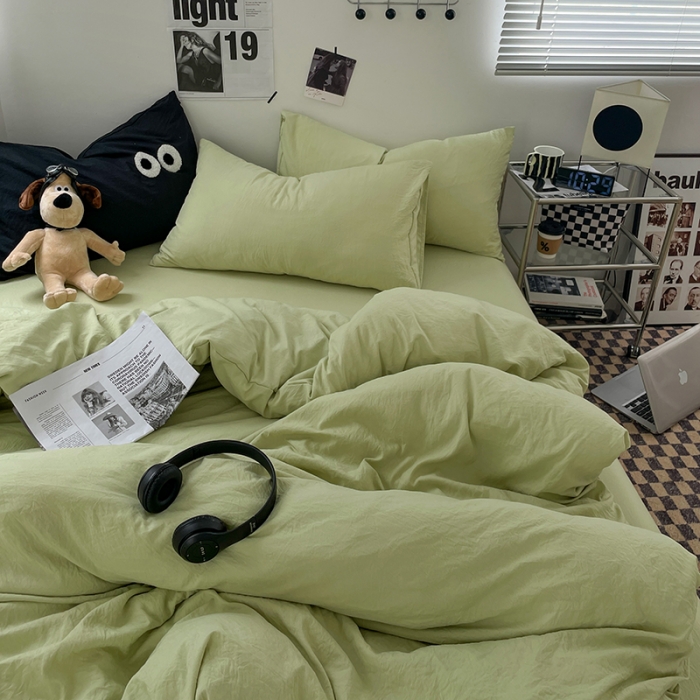 91家纺网 家纺一手货源 找家纺 贝拉梦 2023新款ins风超柔亲肤磨毛褶皱水洗棉四件套 ins奶绿