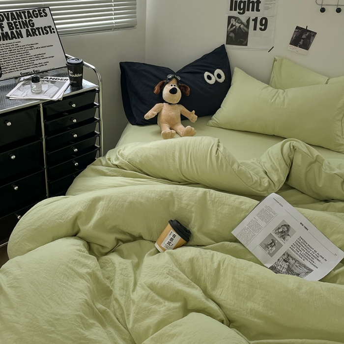 91家纺网 家纺一手货源 找家纺 贝拉梦 2023新款ins风超柔亲肤磨毛褶皱水洗棉四件套 ins奶绿