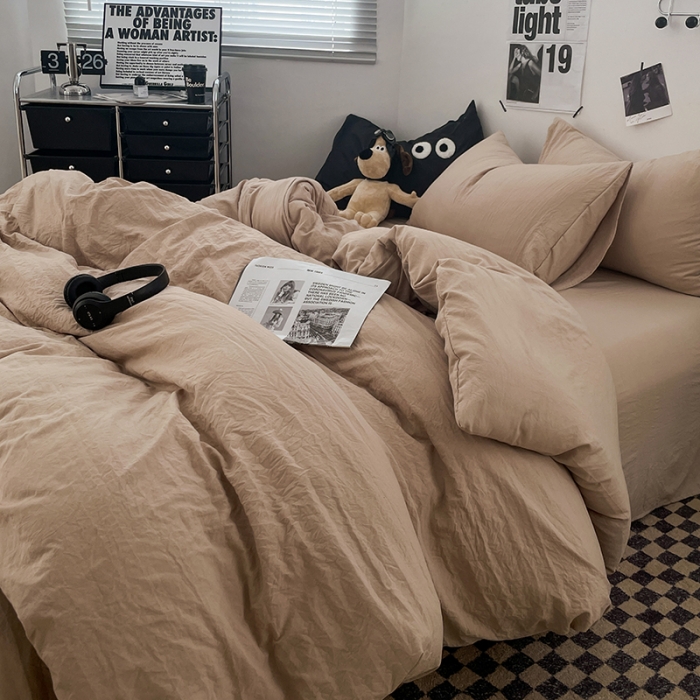 91家纺网 家纺一手货源 找家纺 贝拉梦 2023新款ins风超柔亲肤磨毛褶皱水洗棉四件套 ins奶杏