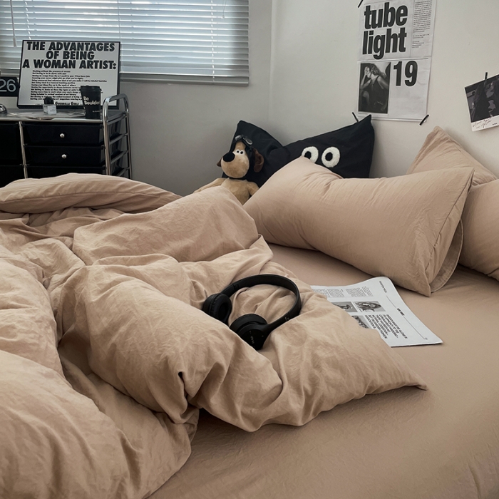 91家纺网 家纺一手货源 找家纺 贝拉梦 2023新款ins风超柔亲肤磨毛褶皱水洗棉四件套 ins奶杏