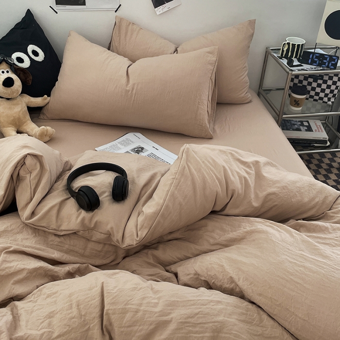 91家纺网 家纺一手货源 找家纺 贝拉梦 2023新款ins风超柔亲肤磨毛褶皱水洗棉四件套 ins奶杏