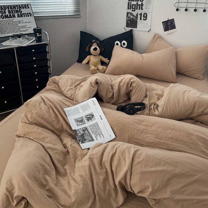 91家纺网 家纺一手货源 找家纺 贝拉梦 2023新款ins风超柔亲肤磨毛褶皱水洗棉四件套 ins奶杏