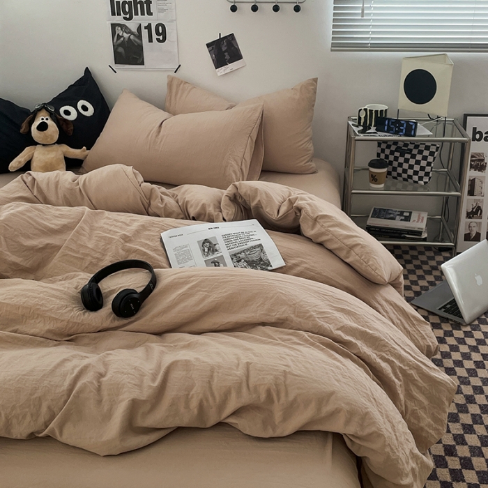 91家纺网 家纺一手货源 找家纺 贝拉梦 2023新款ins风超柔亲肤磨毛褶皱水洗棉四件套 ins奶杏