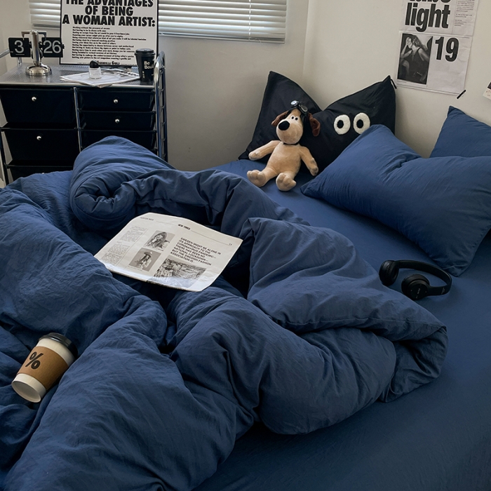 91家纺网 家纺一手货源 找家纺 贝拉梦 2023新款ins风超柔亲肤磨毛褶皱水洗棉四件套 ins牛仔蓝