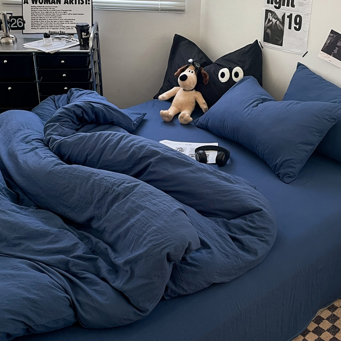 91家纺网 家纺一手货源 找家纺 贝拉梦 2023新款ins风超柔亲肤磨毛褶皱水洗棉四件套 ins牛仔蓝