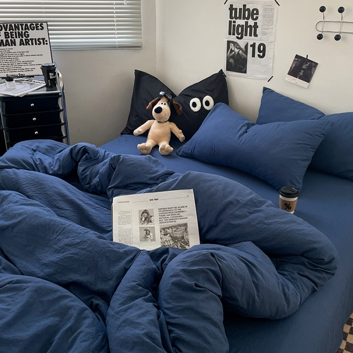 91家纺网 家纺一手货源 找家纺 贝拉梦 2023新款ins风超柔亲肤磨毛褶皱水洗棉四件套 ins牛仔蓝