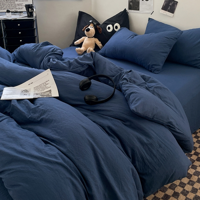 91家纺网 家纺一手货源 找家纺 贝拉梦 2023新款ins风超柔亲肤磨毛褶皱水洗棉四件套 ins牛仔蓝