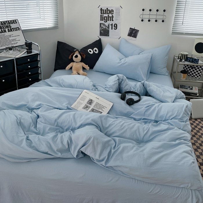 91家纺网 家纺一手货源 找家纺 贝拉梦 2023新款ins风超柔亲肤磨毛褶皱水洗棉四件套 ins晴蓝