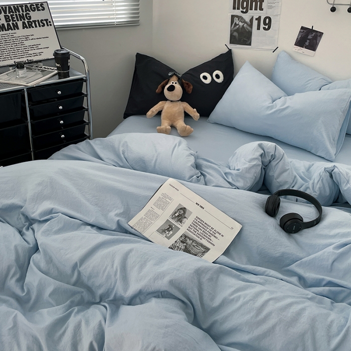 91家纺网 家纺一手货源 找家纺 贝拉梦 2023新款ins风超柔亲肤磨毛褶皱水洗棉四件套 ins晴蓝