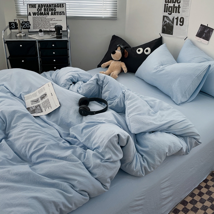 91家纺网 家纺一手货源 找家纺 贝拉梦 2023新款ins风超柔亲肤磨毛褶皱水洗棉四件套 ins晴蓝