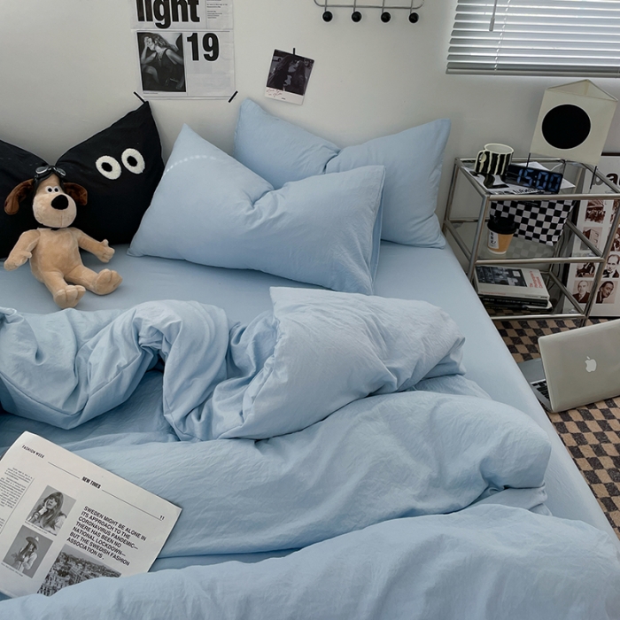 91家纺网 家纺一手货源 找家纺 贝拉梦 2023新款ins风超柔亲肤磨毛褶皱水洗棉四件套 ins晴蓝