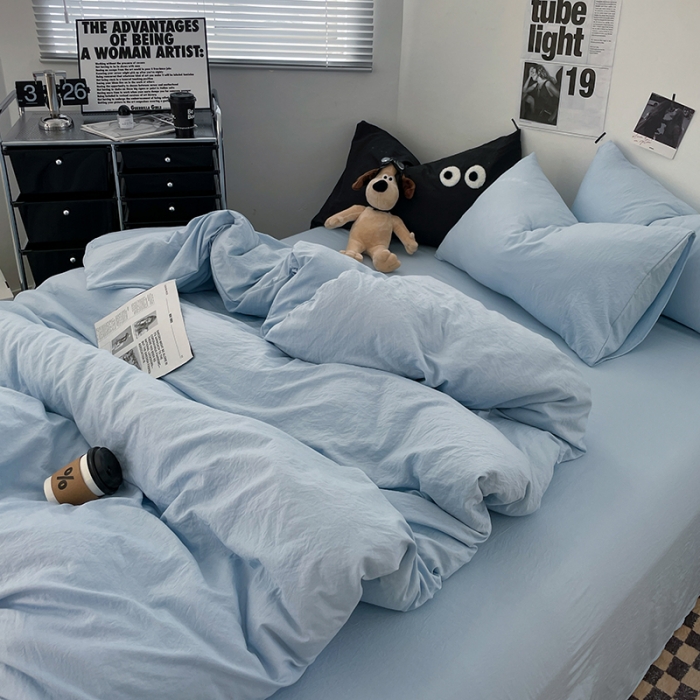 91家纺网 家纺一手货源 找家纺 贝拉梦 2023新款ins风超柔亲肤磨毛褶皱水洗棉四件套 ins晴蓝